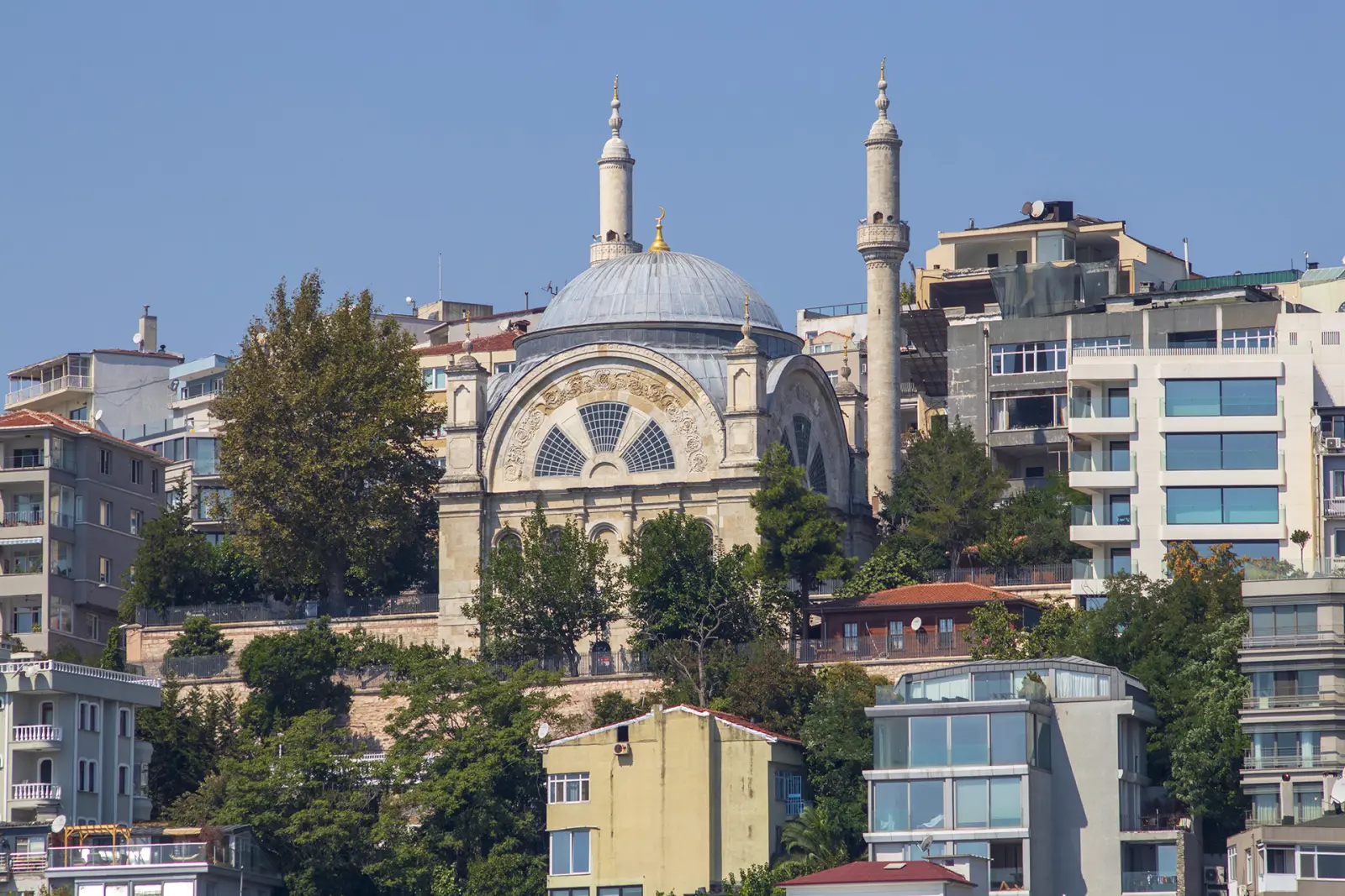 Cihangir Mosque seen from the Bosphorus, with its dome and two minarets